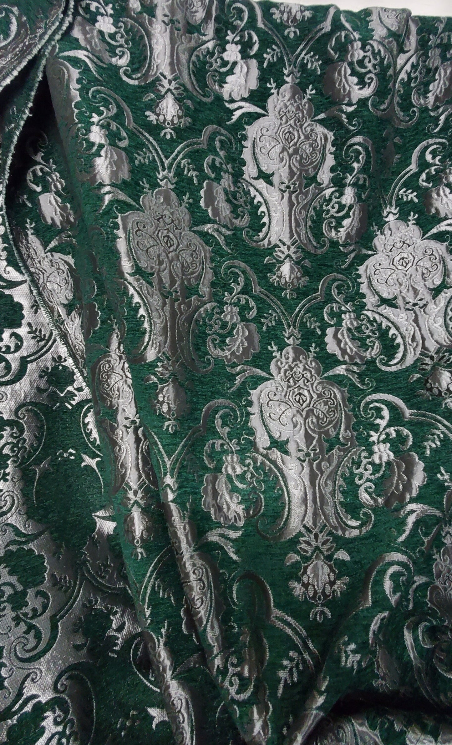 Chenille BAROQUE UPHOLSTERY Fabric Jacquard Damask, 58" wide ,color Green/silver, sold by yard in continuous yards