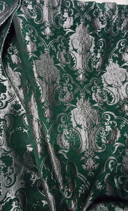 Chenille BAROQUE UPHOLSTERY Fabric Jacquard Damask, 58" wide ,color Green/silver, sold by yard in continuous yards