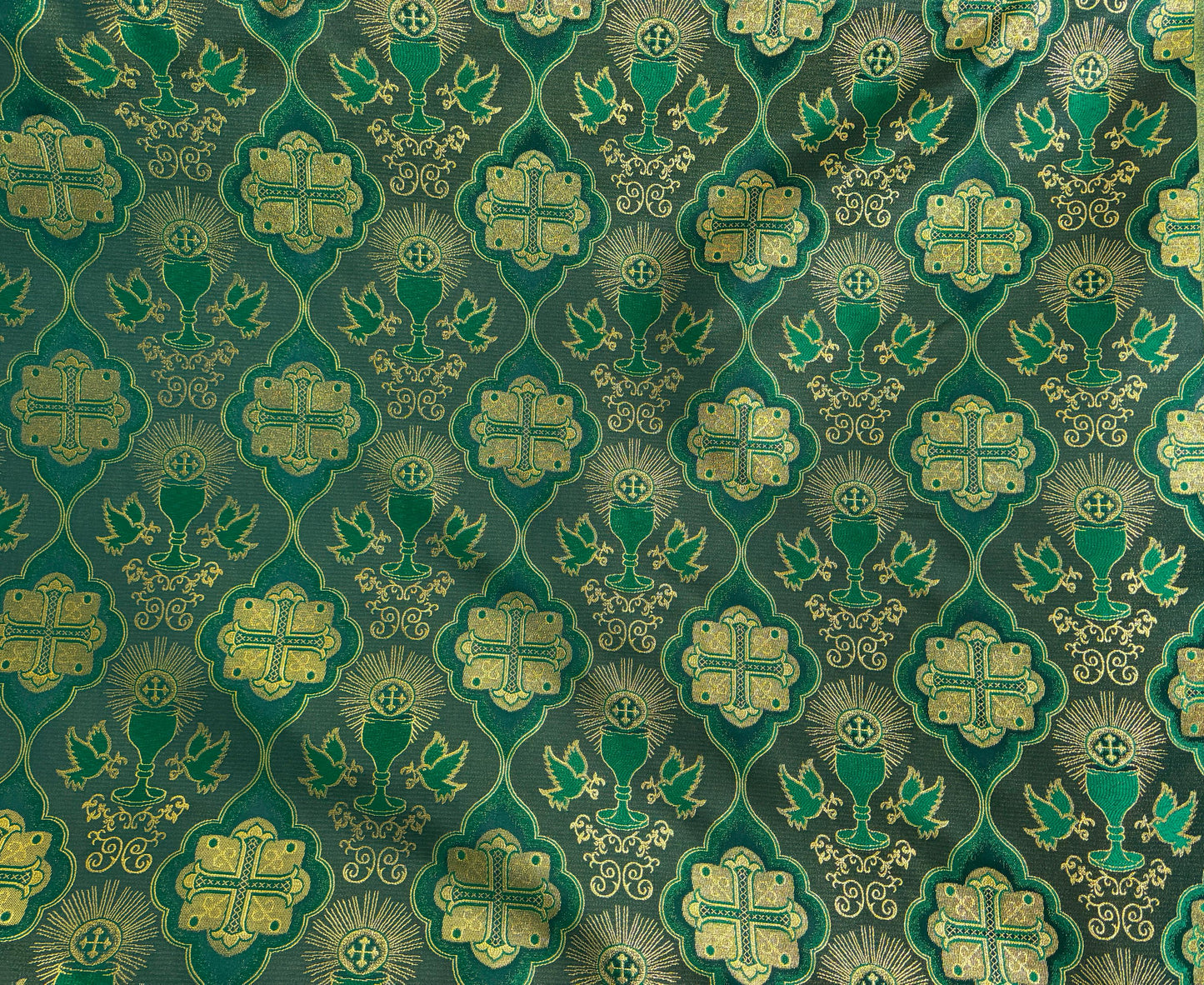 Liturgical Brocade,Church Gorgeous Cross acetate brocade Fabric Cross Brocade Green/ Gold 58" Wide