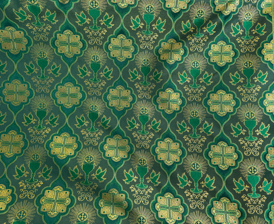 Liturgical Brocade,Church Gorgeous Cross acetate brocade Fabric Cross Brocade Green/ Gold 58" Wide