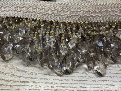 Beaded Trim Fringe 4'' L, W/Gimp Top Sold by The Yard - smoke Silver/ivory color,  Brand: ad fabric