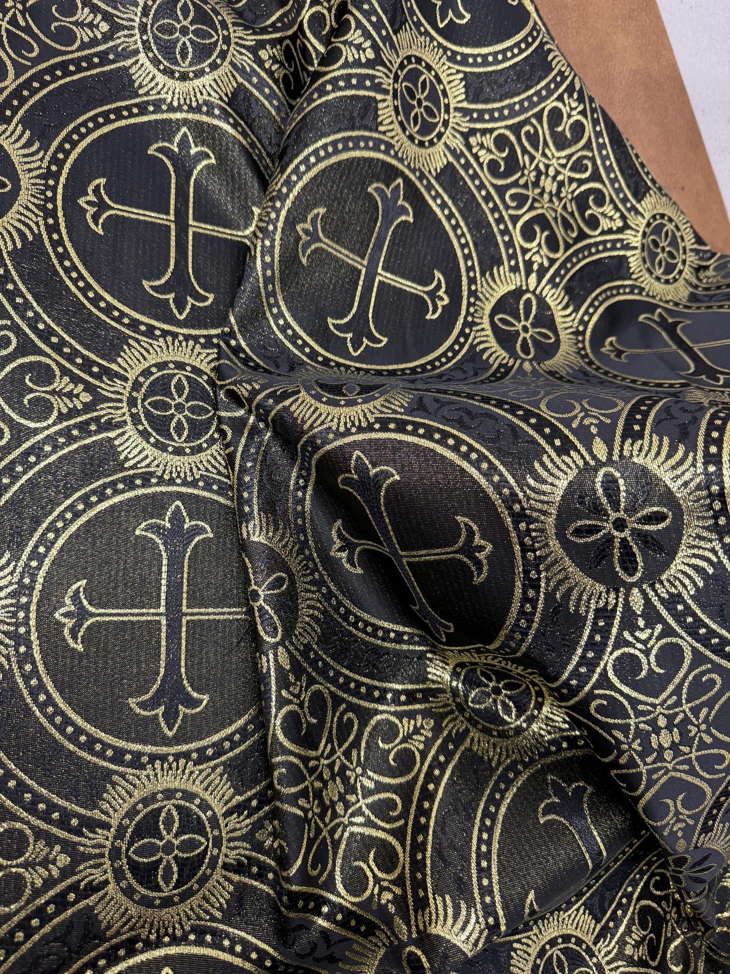 Liturgical Brocade,Church Gorgeous Cross acetate brocade Fabric Cross Brocade Black/Gold 58" Wide