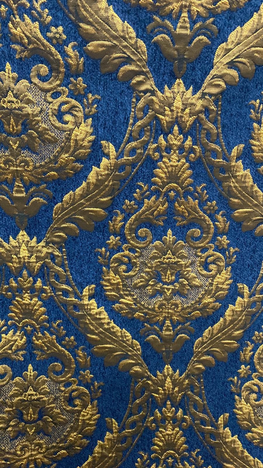Damask chenille fabric - upholstery fabric, Blue/gold - 54" width - sold by yard