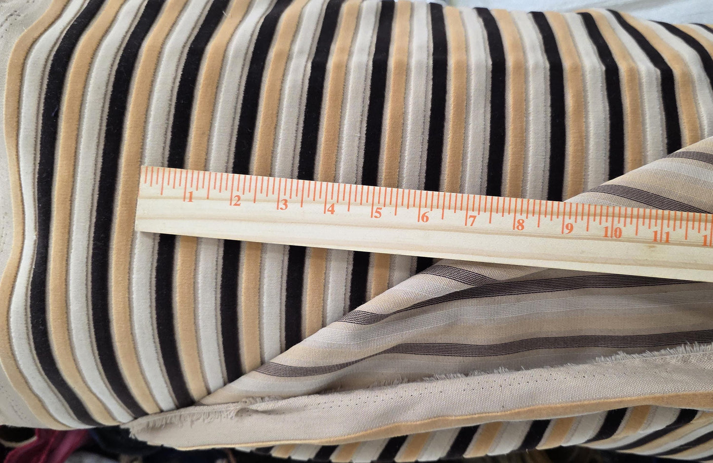 Kravet stripe Velvet/chenille upholstery fabric 54" wide , multicolor ,Brown,ivory, Beige.