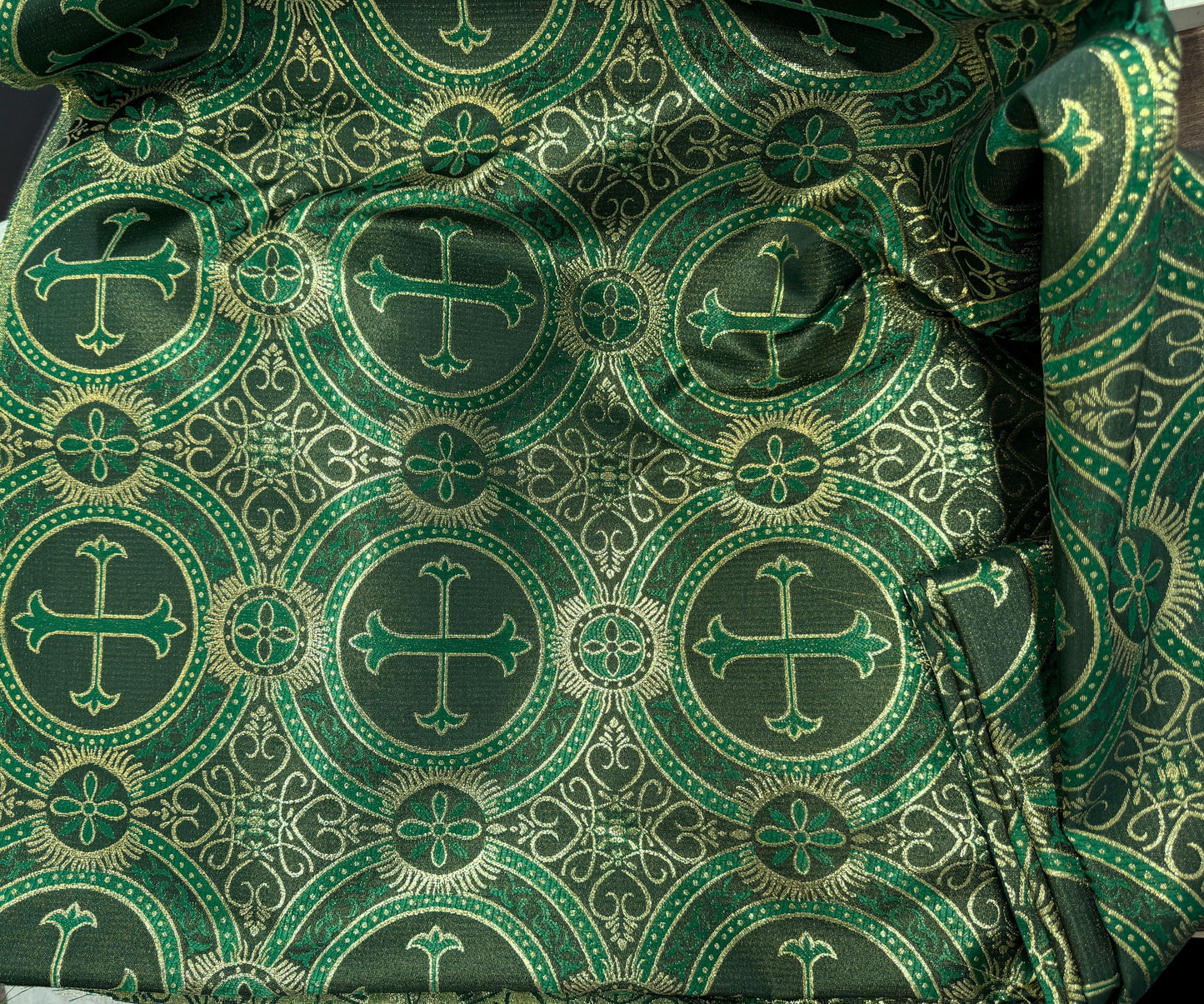 Liturgical Brocade,Church Gorgeous Cross acetate brocade Fabric Cross Brocade Hunter Green/Gold 58" Wide