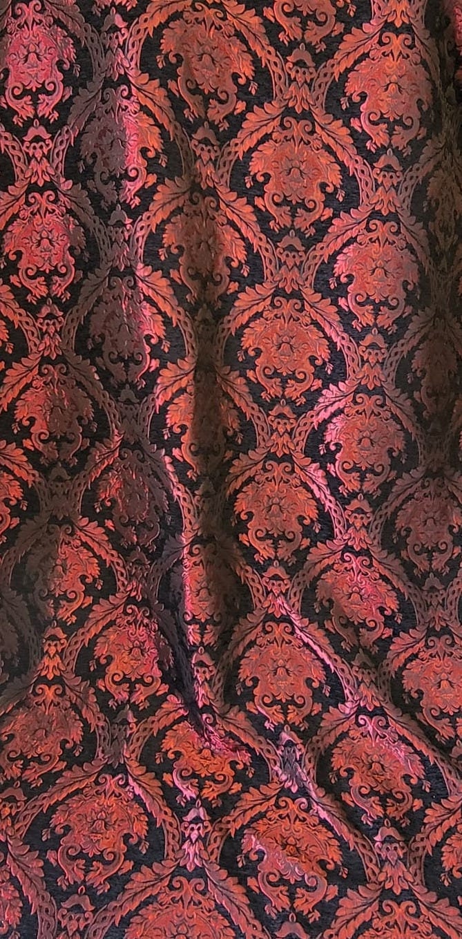 Chenille BAROQUE UPHOLSTERY Fabric Jacquard Damask, 58" wide ,color Red/Black, Reversible, sold by yard in continuous yards