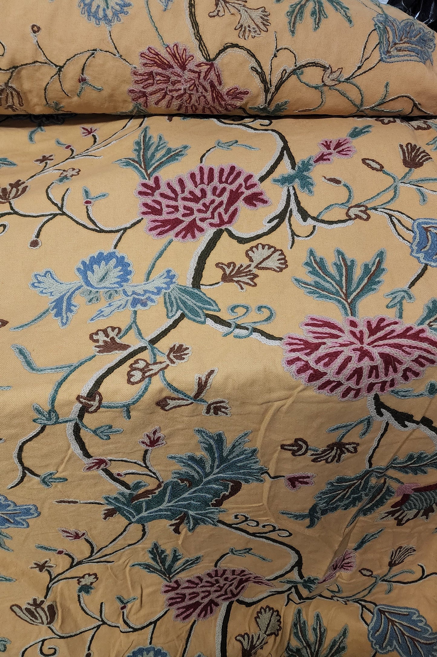 Scalamandre ” Almora Crewel Yellow Chinoisery Tree Peony Floral Embroidery, sold by yard