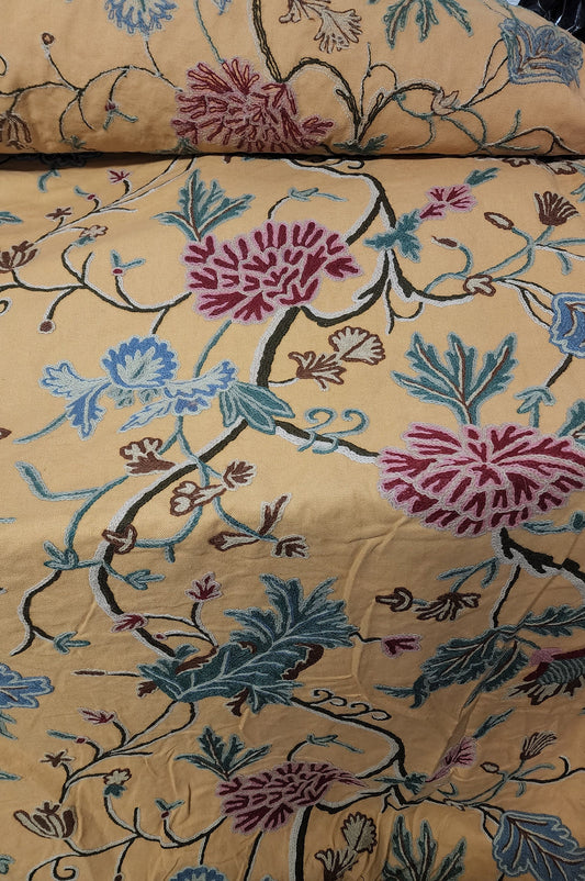 Scalamandre ” Almora Crewel Yellow Chinoisery Tree Peony Floral Embroidery, sold by yard