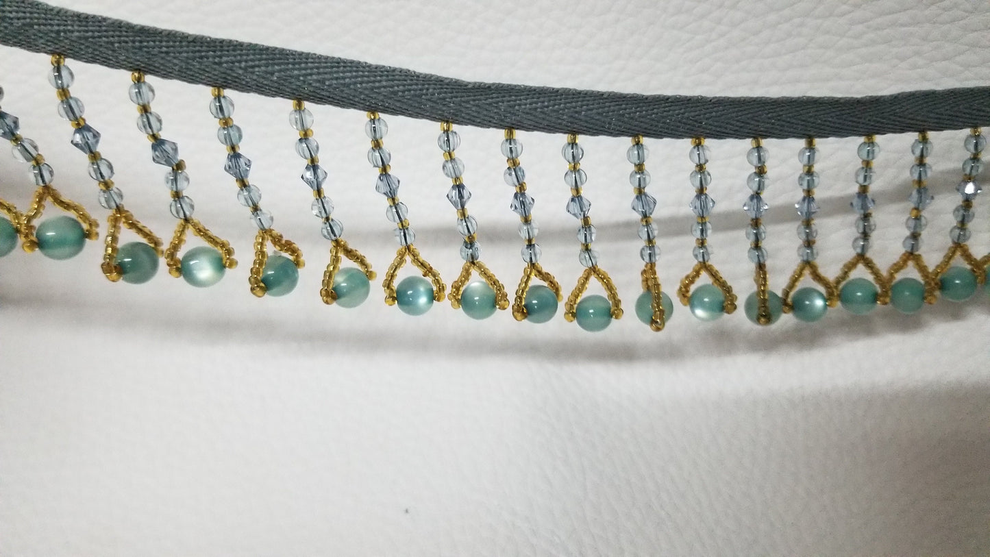 Beaded Tassel Fringe Trim, 2". Color: Teal, Gold, Blue Grey (1 yd)
