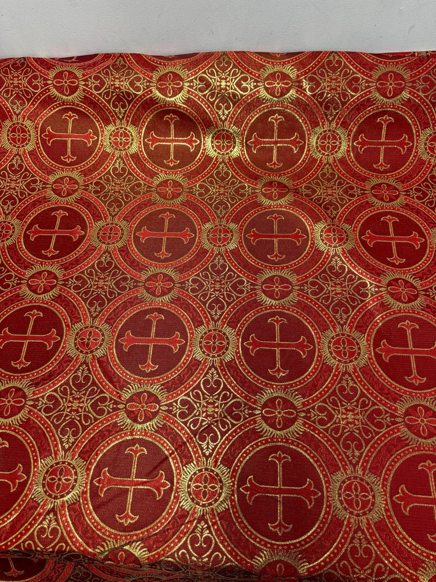 Liturgical Brocade,Church Gorgeous Cross acetatebrocade Fabric Cross Brocade Red/Gold  52" Wide