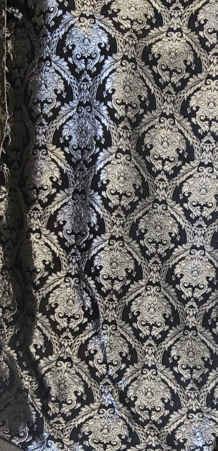 Chenille BAROQUE UPHOLSTERY Fabric Jacquard Damask, 58" wide ,color Black/Silver, Reversible, sold by yard in continuous yards