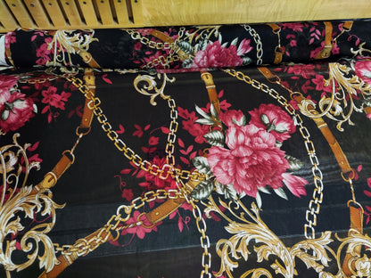 ad Power Mesh floral belts & chains design print on 4-way stretch mesh 58” Sold by the yard