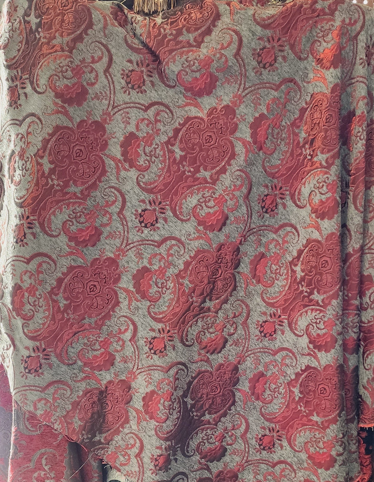 Chenille BAROQUE UPHOLSTERY Fabric Jacquard Damask, 58" wide ,color dark gray/  Dark Red, sold by yard in continuous yards