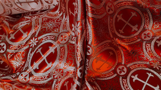 Liturgical Brocade,Church Gorgeous Cross acetatebrocade Fabric Cross Brocade Red/Silver  52" Wide