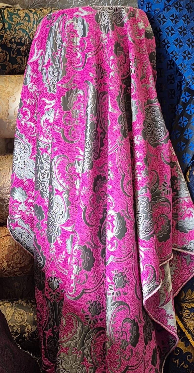 Chenille, BAROQUE UPHOLSTERY Fabric Jacquard, Damask, 58" wide ,color pink/silver, sold by yard in continuous yards
