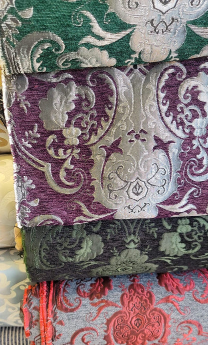 Chenille BAROQUE UPHOLSTERY Fabric Jacquard Damask, 58" wide ,color Purple/silver, sold by yard in continuous yards