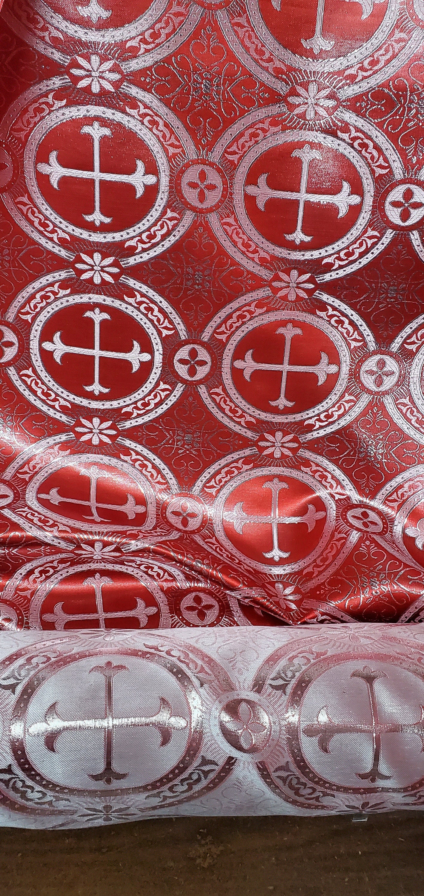 Liturgical Brocade,Church Gorgeous Cross acetatebrocade Fabric Cross Brocade Red/Silver  52" Wide