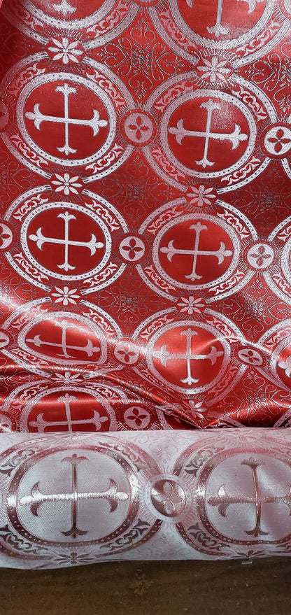 Liturgical Brocade,Church Gorgeous Cross acetatebrocade Fabric Cross Brocade Red/Silver  52" Wide