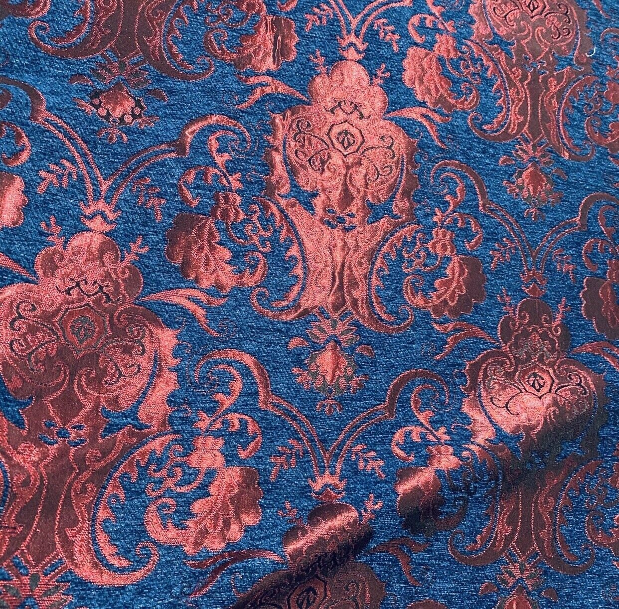 Chenille BAROQUE UPHOLSTERY Burnout Chenille Velvet Fabric - Blue & Metallic Red  , sold by yard in continuous yards