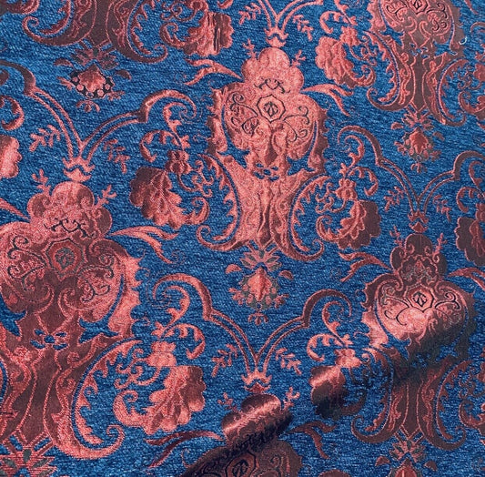 Chenille BAROQUE UPHOLSTERY Burnout Chenille Velvet Fabric - Blue & Metallic Red  , sold by yard in continuous yards
