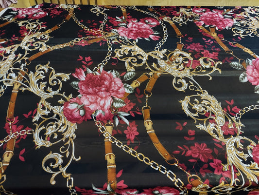 ad Power Mesh floral belts & chains design print on 4-way stretch mesh 58” Sold by the yard