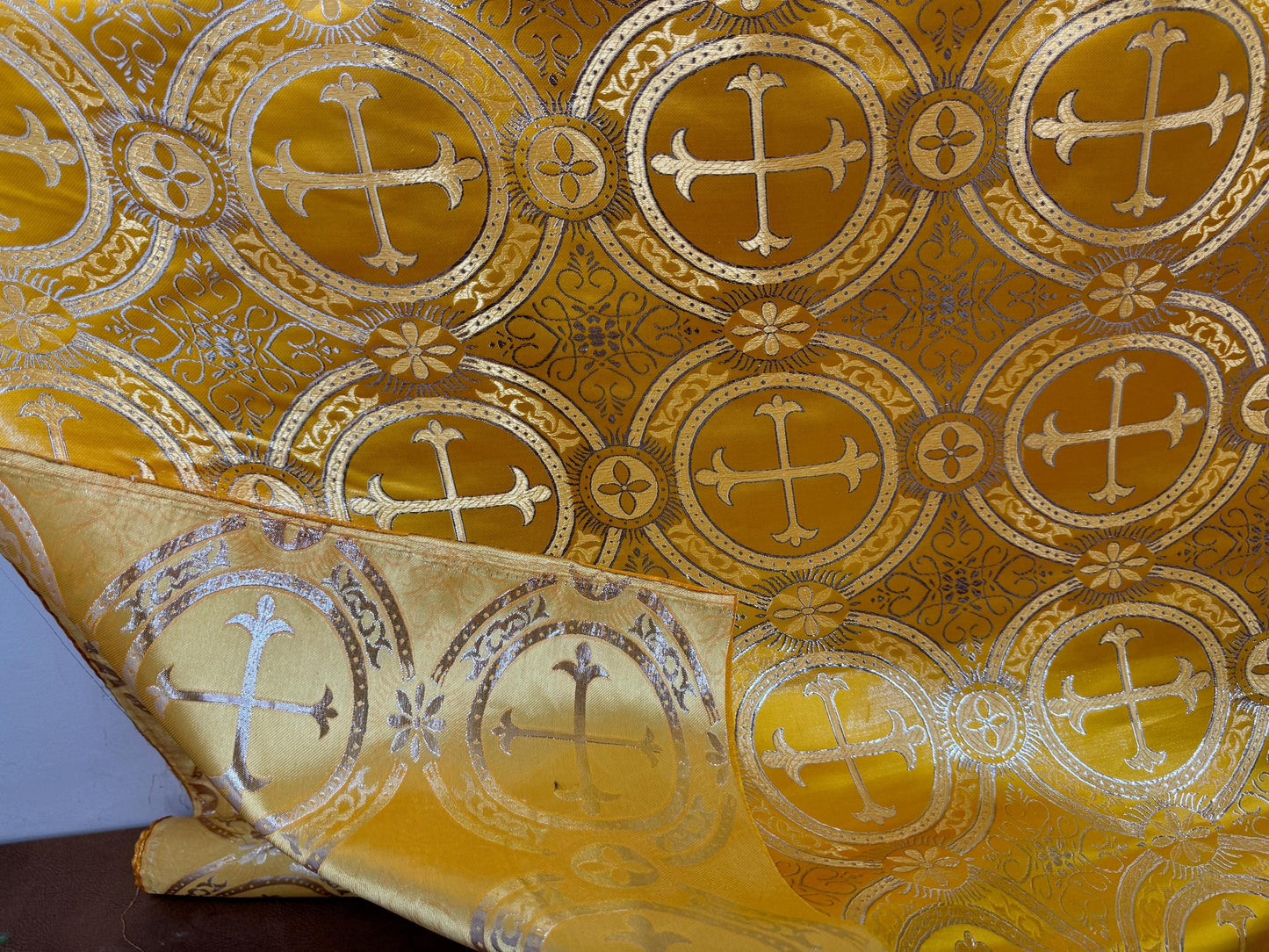 Liturgical Brocade,Church Gorgeous Cross acetate brocade Fabric Cross Brocade Gold/Silver 52" Wide