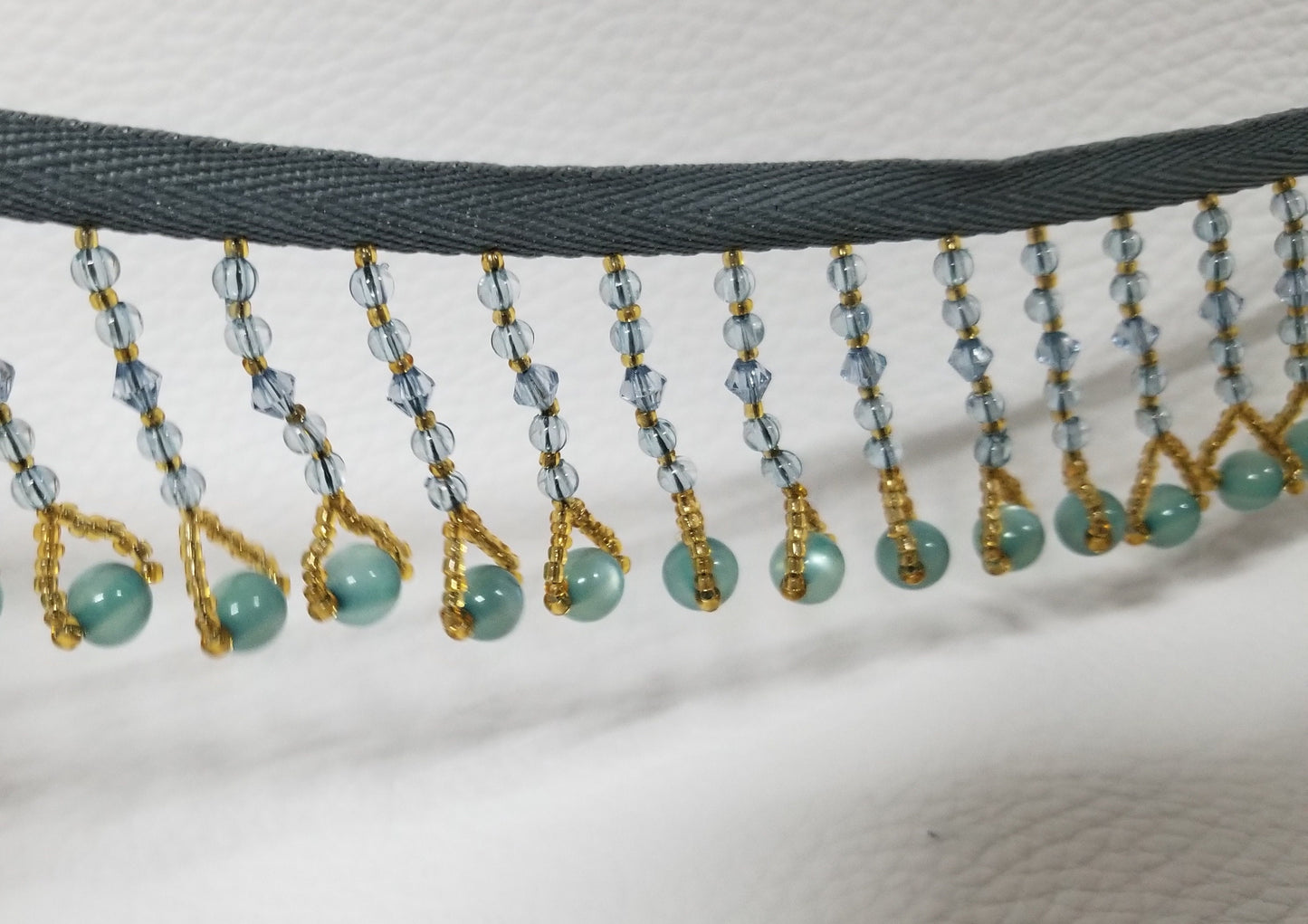 Beaded Tassel Fringe Trim, 2". Color: Teal, Gold, Blue Grey (1 yd)