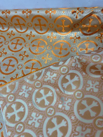 Liturgical Brocade,Church Gorgeous Cross acetate brocade Fabric Cross Brocade Orange/Gold 58" Wide