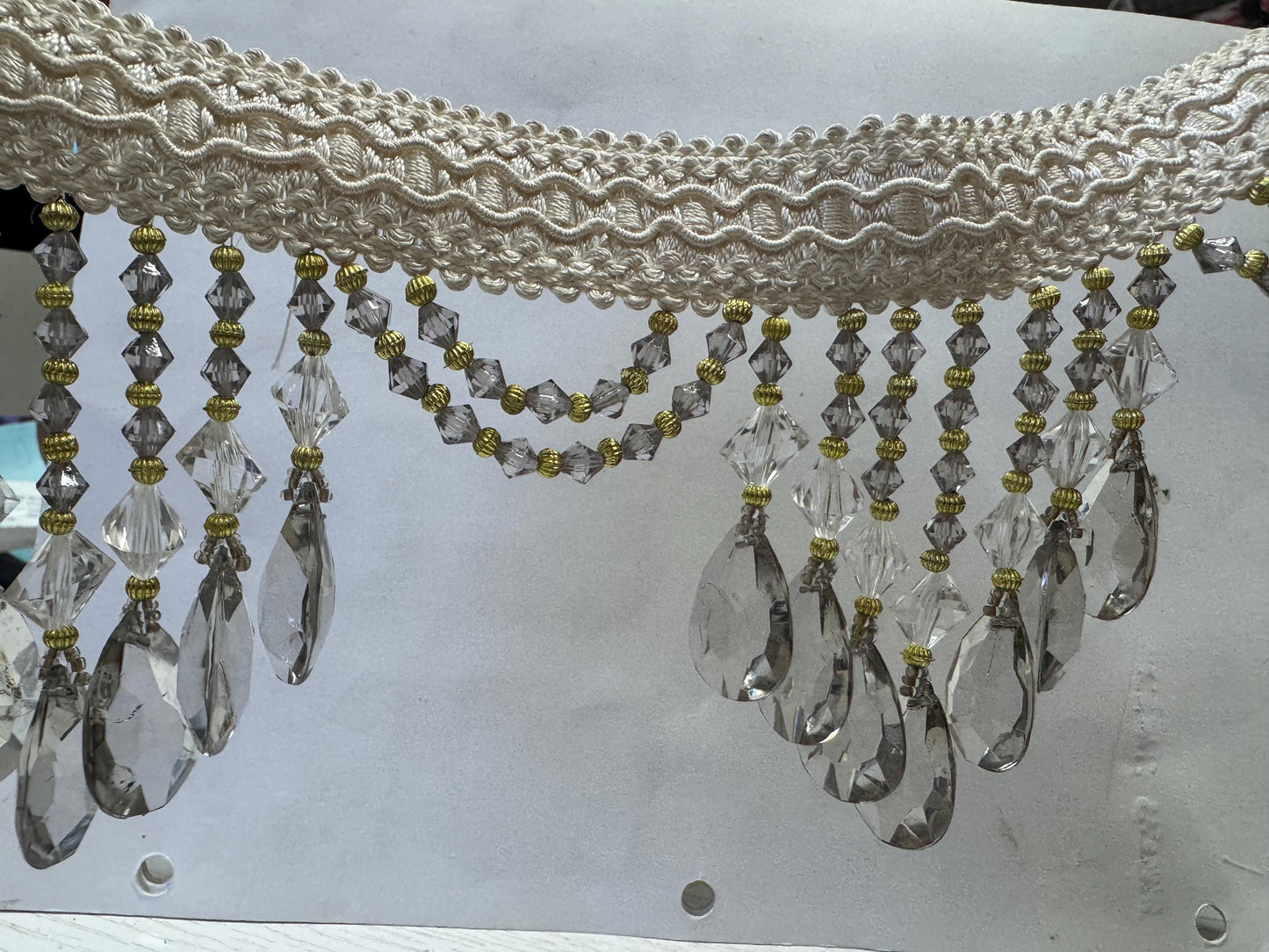 Beaded Trim Fringe 4'' L, W/Gimp Top Sold by The Yard - smoke Silver/ivory color,  Brand: ad fabric