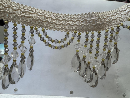 Beaded Trim Fringe 4'' L, W/Gimp Top Sold by The Yard - smoke Silver/ivory color,  Brand: ad fabric
