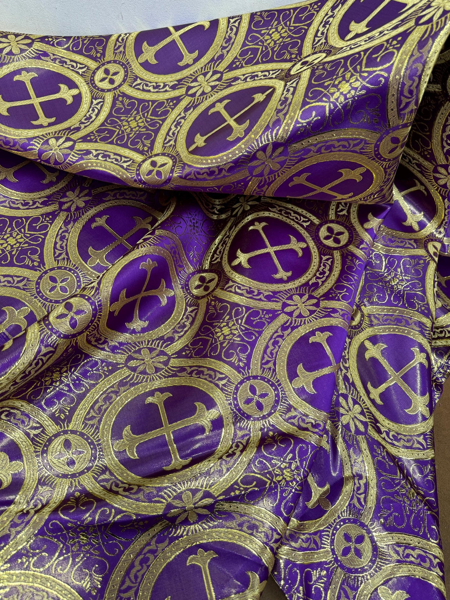 Liturgical Brocade,Church Gorgeous Cross acetatebrocade Fabric Cross Brocade Purple/Goldr 52" Wide