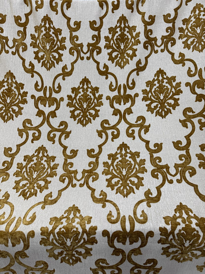 Chenille BAROQUE UPHOLSTERY Fabric Jacquard Damask, 58" wide ,color Cream/Gold sold by yard in continuous yards