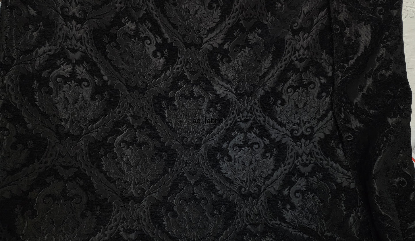 Damask tapestry chenille fabric - upholstery fabric, Black/Black - 56" width - sold by yard in continuous yards