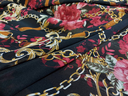 ad Power Mesh floral belts & chains design print on 4-way stretch mesh 58” Sold by the yard