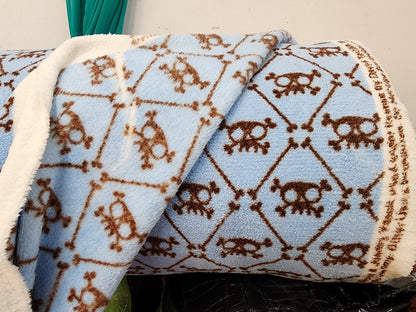 Minky Skull Printed Fabric, Blue/Brown, 60 inches wide, by The Yard