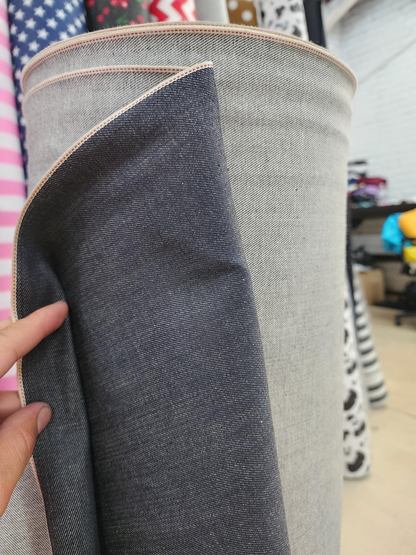 AD Fabric Cotton Denim Selvedge indigo Dark Blue stretch, 33" wide, sold by yard