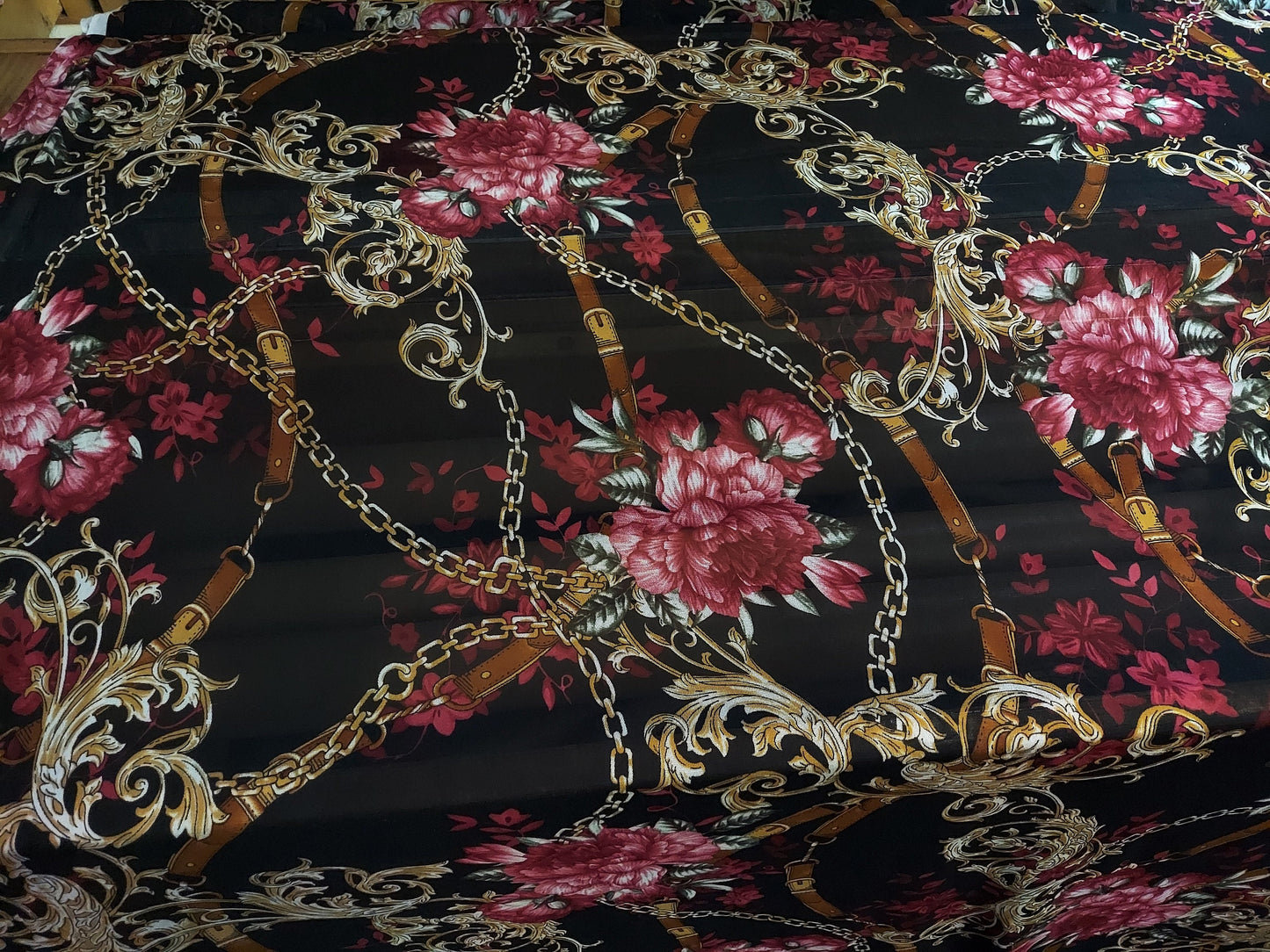 ad Power Mesh floral belts & chains design print on 4-way stretch mesh 58” Sold by the yard