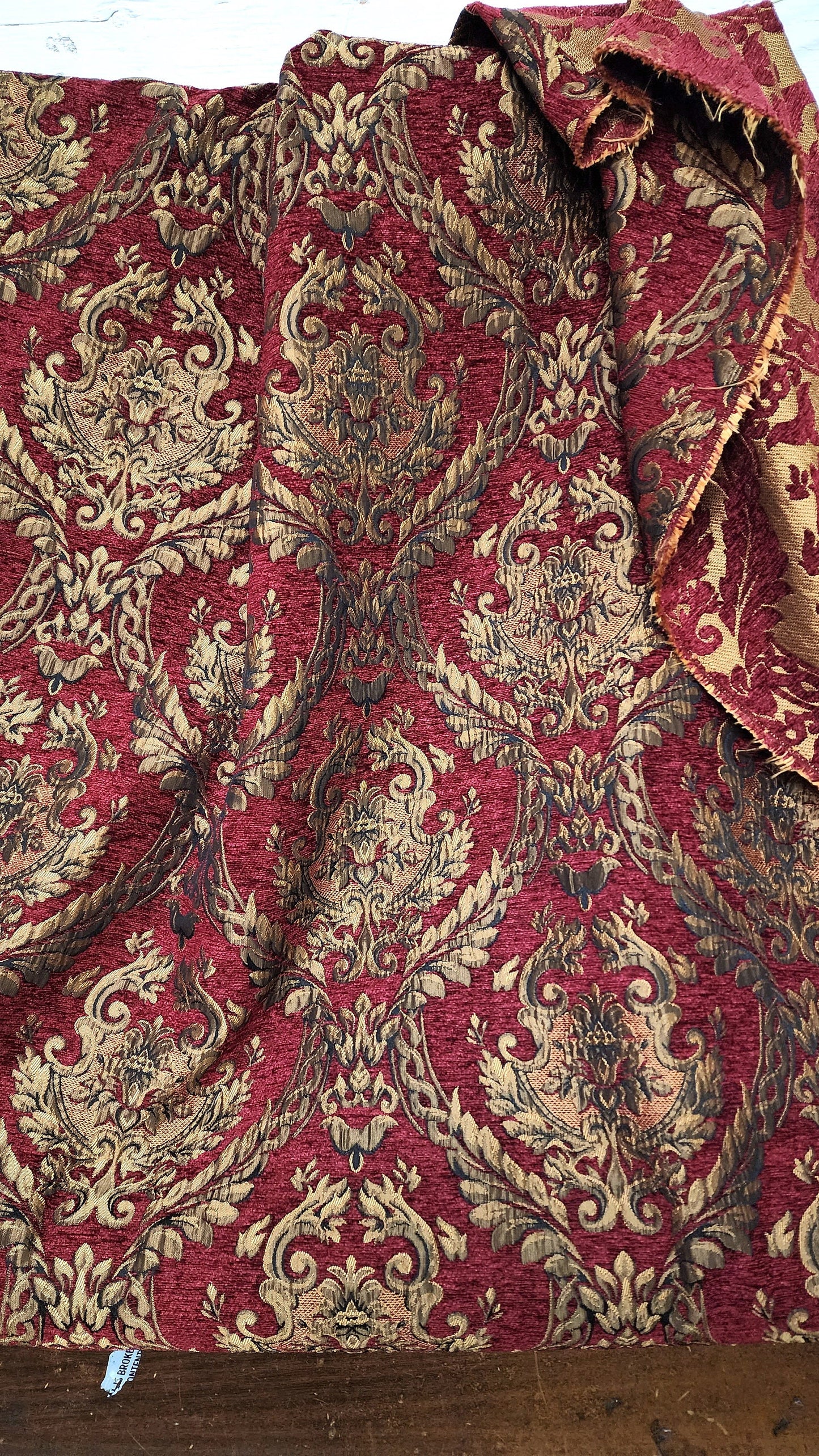 Damask tapestry chenille fabric - upholstery fabric, D. Red gold - 58" width - sold by yard in continuous yards