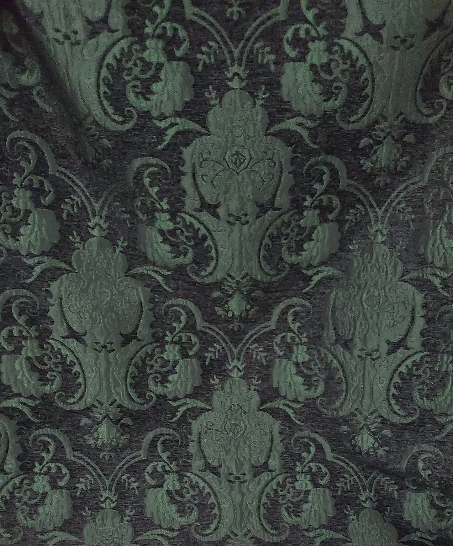Chenille BAROQUE UPHOLSTERY Fabric Jacquard Damask, 58" wide ,color Black/Green , sold by yard in continuous yards