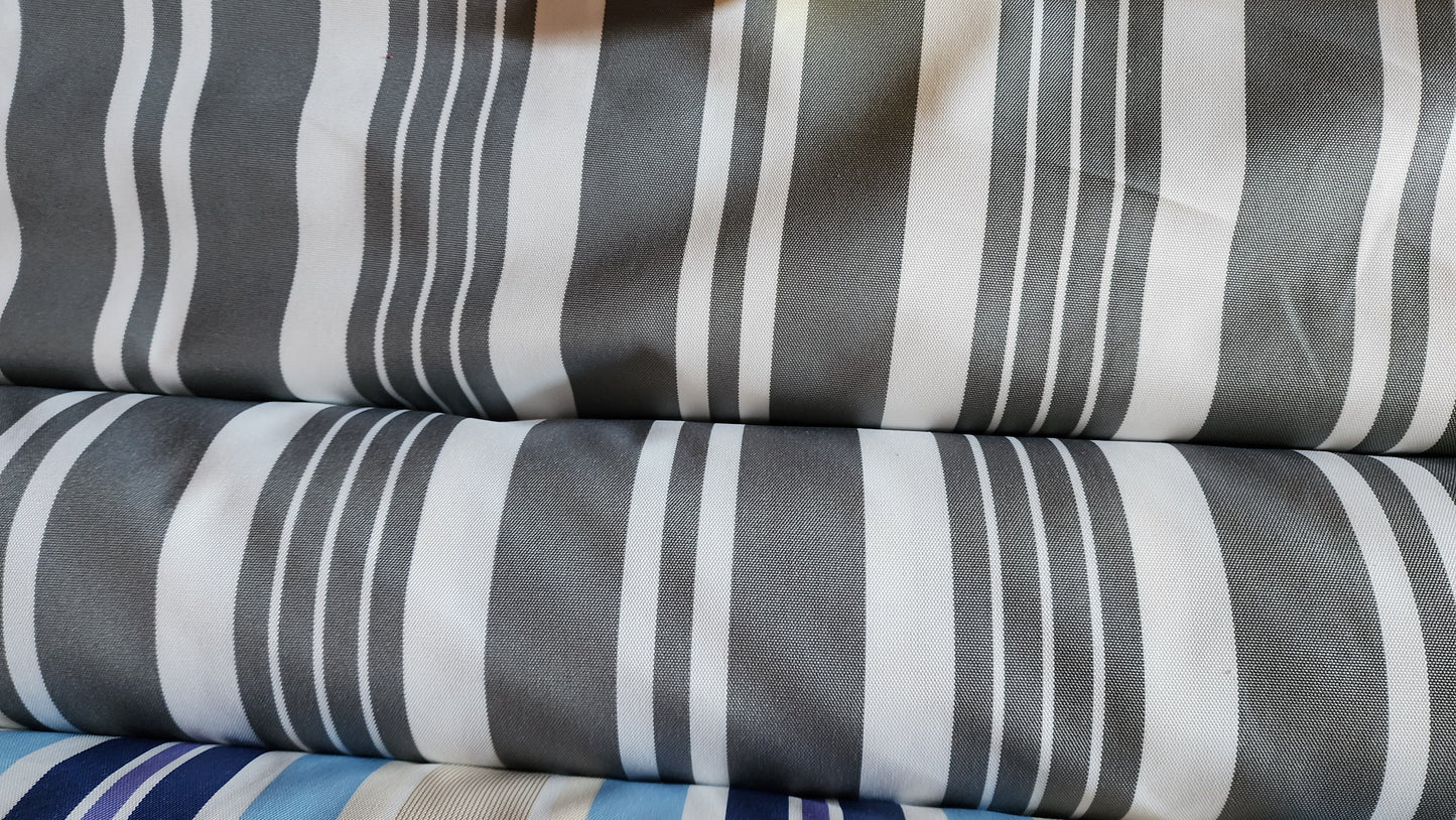 Waterproof Outdoor Canvas Patio Fabric, Multi Striped , Color: Charcoal, off white, 58 " wide, sold by yard