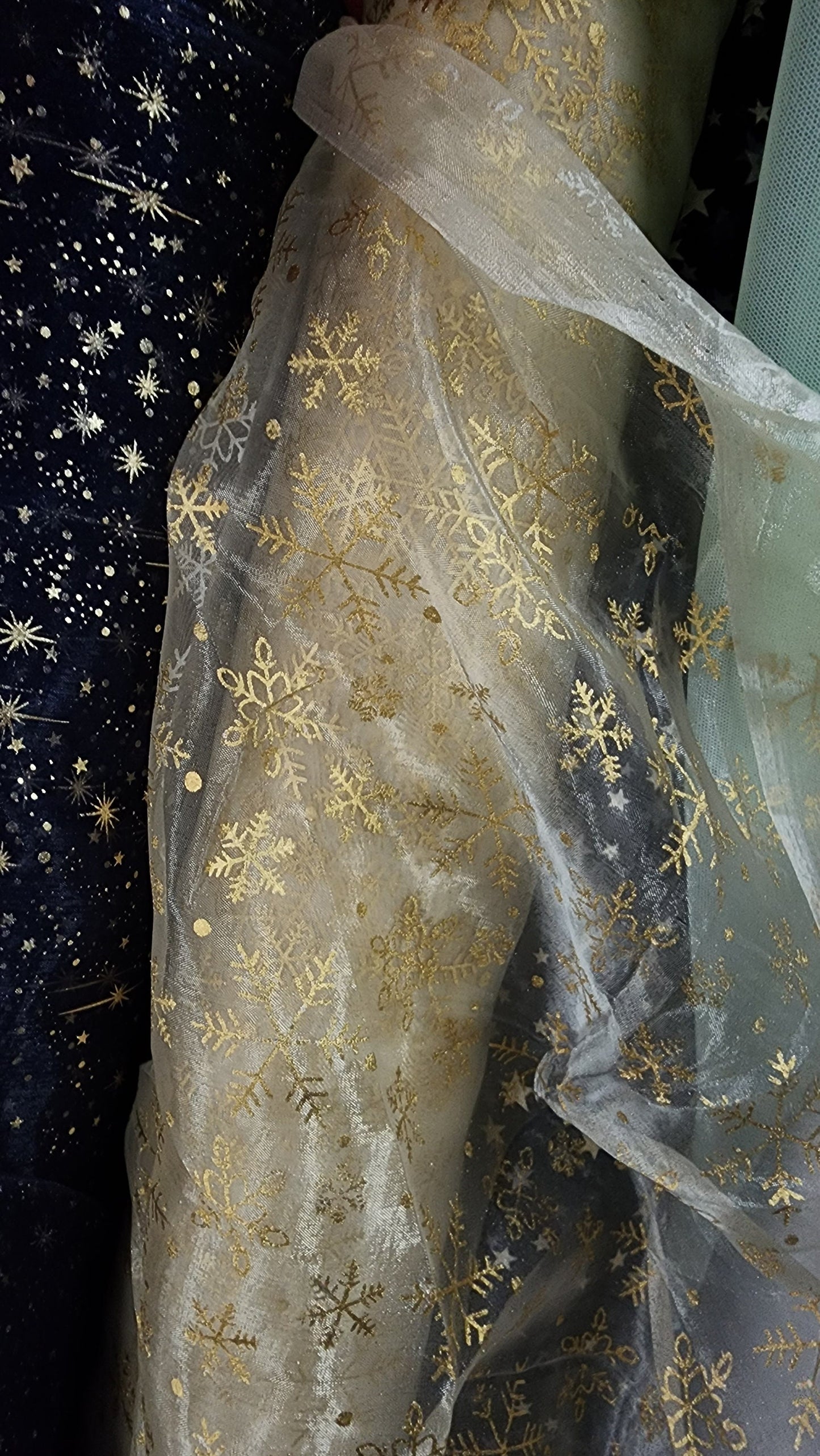 snowflakes Star Bursts Sheer Organza Gold 58" Inch Wide Fabric by The Yard