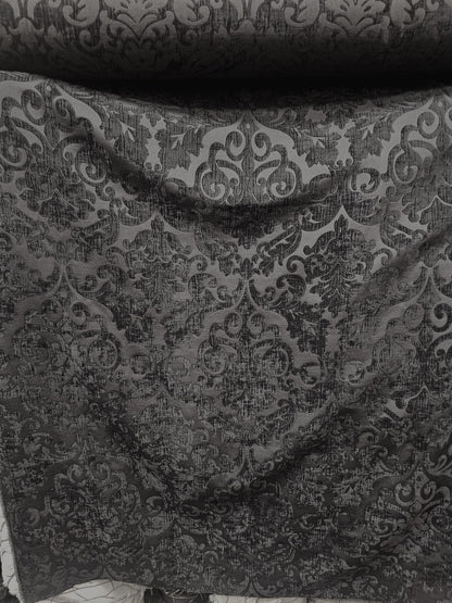 Chenille Fabric Upholstery,  Damask Burnout Chenille Velvet ,Jacquard Damask, 54" wide, color Black/Black , sold by yard in continuous yards