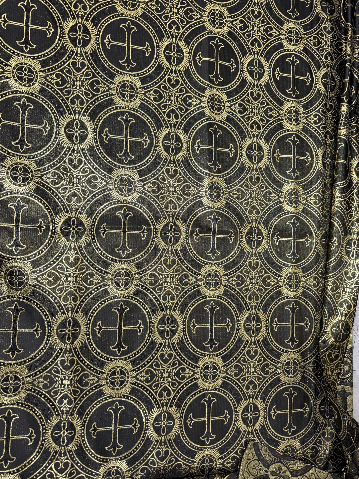 Liturgical Brocade,Church Gorgeous Cross acetate brocade Fabric Cross Brocade Black/Gold 58" Wide