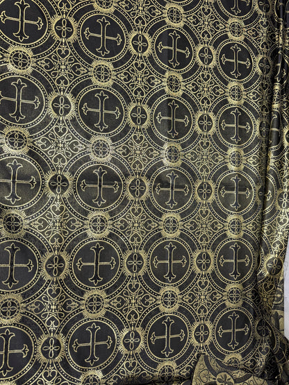 Liturgical Brocade,Church Gorgeous Cross acetate brocade Fabric Cross Brocade Black/Gold 58" Wide