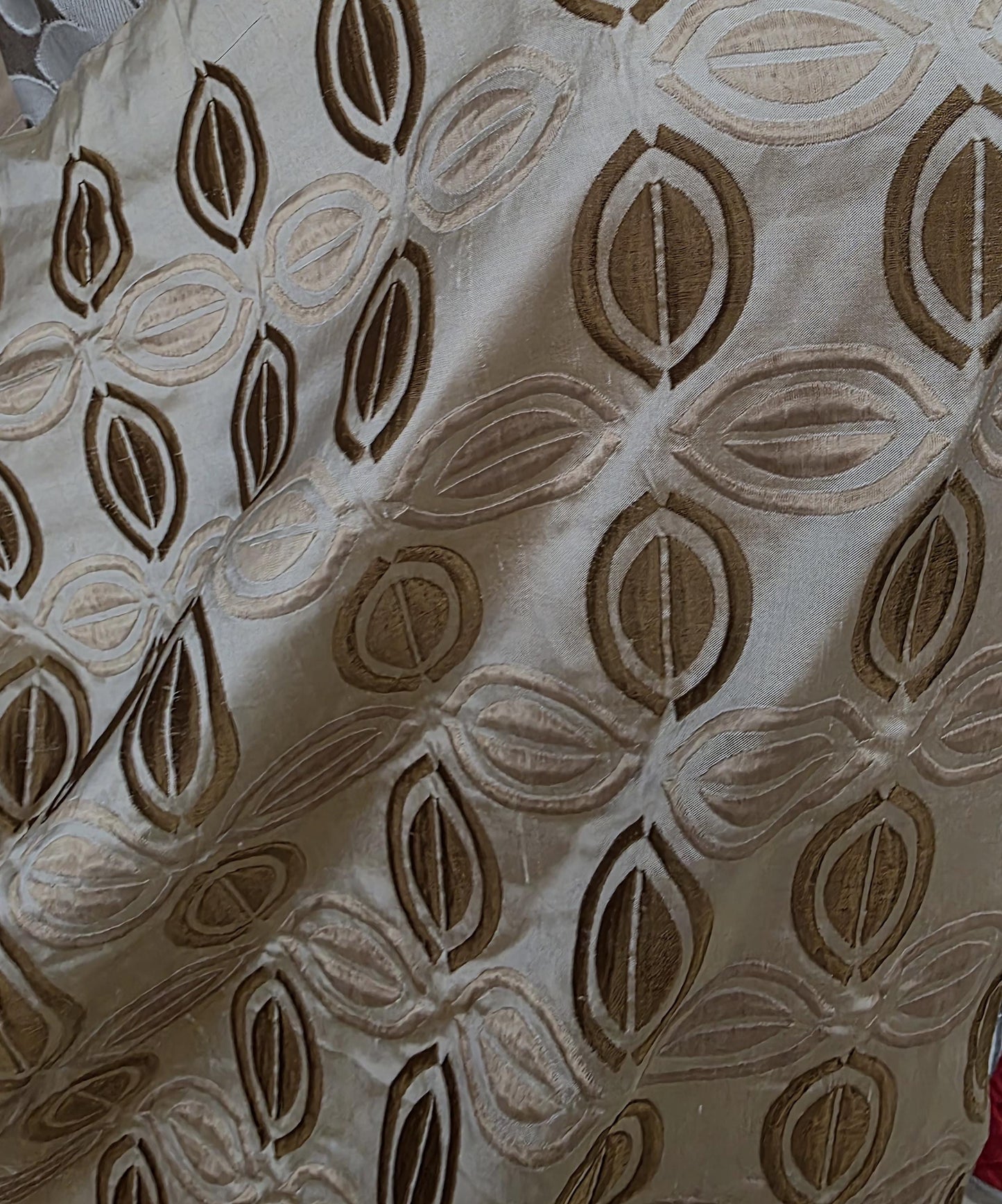 KRAVET, 100% Silk Taffeta Fabric Beige/Brown Embroidery, 54" wide, sold by yard