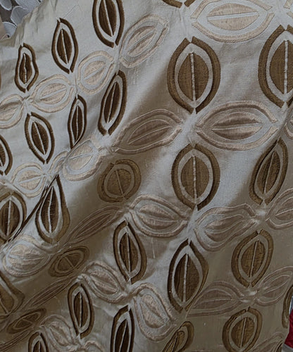 KRAVET, 100% Silk Taffeta Fabric Beige/Brown Embroidery, 54" wide, sold by yard