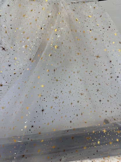 Star Bursts Sheer Organza white/Gold 58" Inch Wide Fabric by The Yard