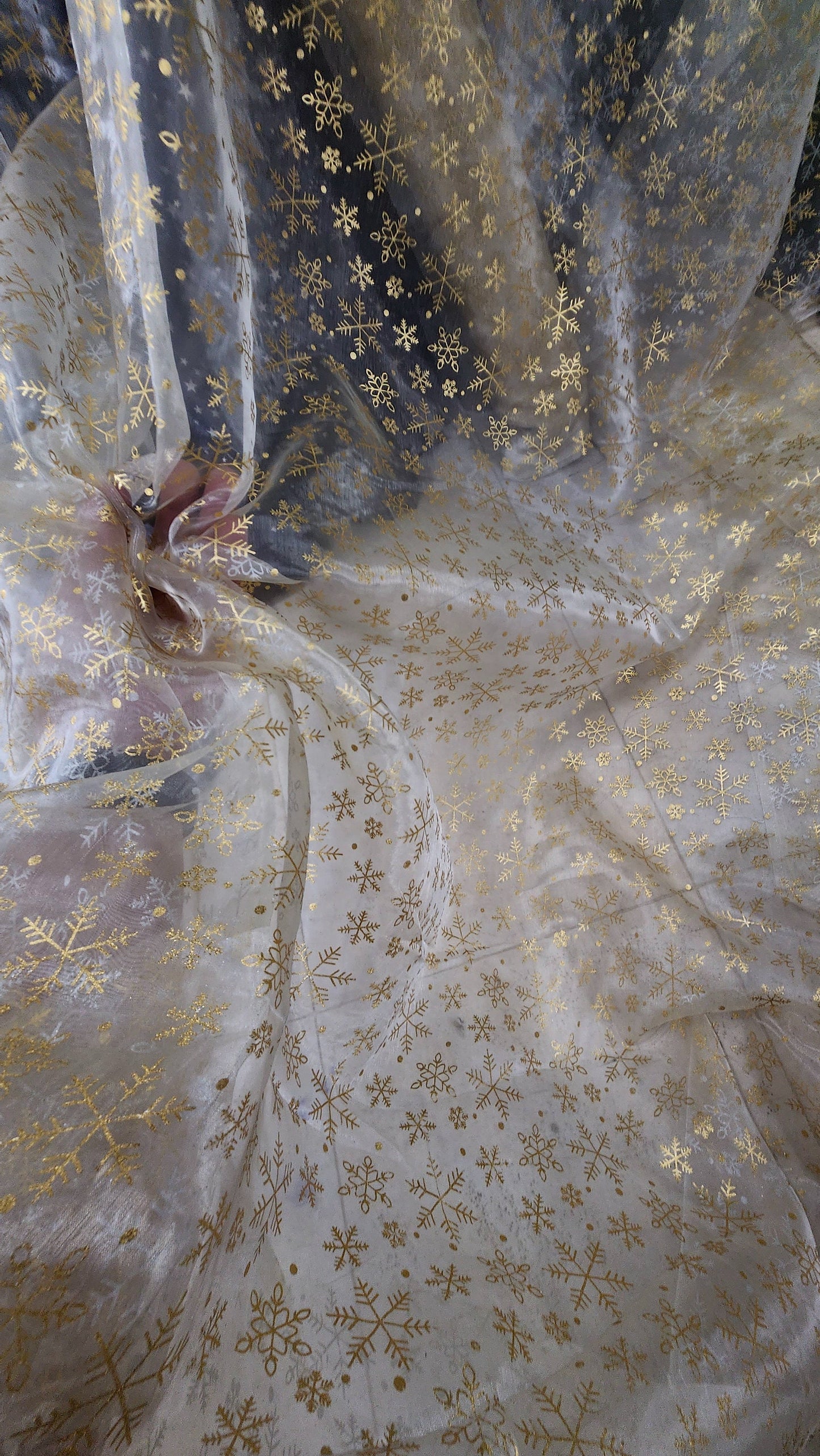 snowflakes Star Bursts Sheer Organza Gold 58" Inch Wide Fabric by The Yard