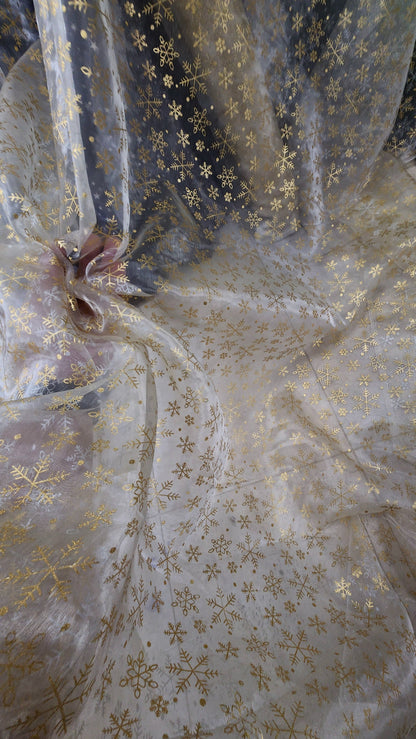 snowflakes Star Bursts Sheer Organza Gold 58" Inch Wide Fabric by The Yard