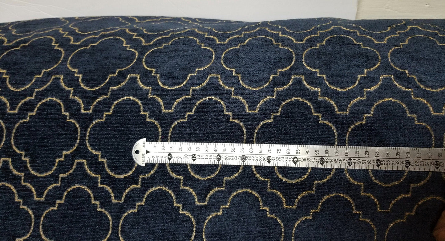 Chenille Diamond UPHOLSTERY Fabric Jacquard Damask, Color Blue/Gold,  58" wide , sold by yard in continuous yards